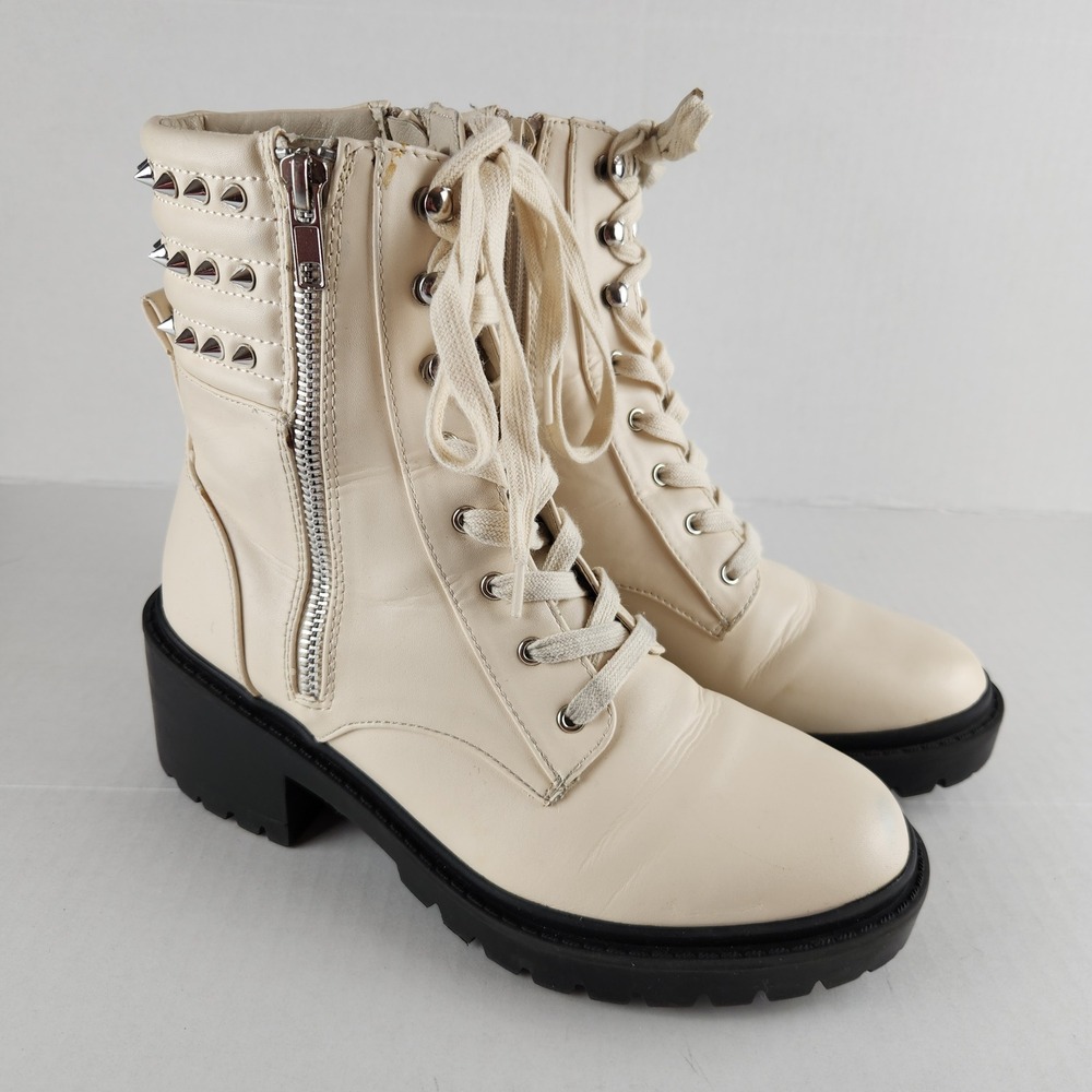 No Boundaries Combat Boots Women's Size 7 Cream Studded Lace-Up Zip Chunky Lug